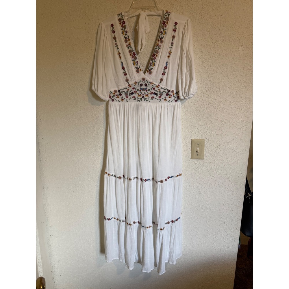 Baltic Born White Floral Embroidered Tiered Maxi Dress Large Boho Country Beach